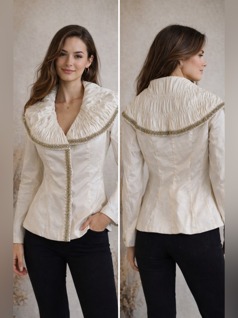 Ivory Ruched Collar Embellished Jacket
BB12